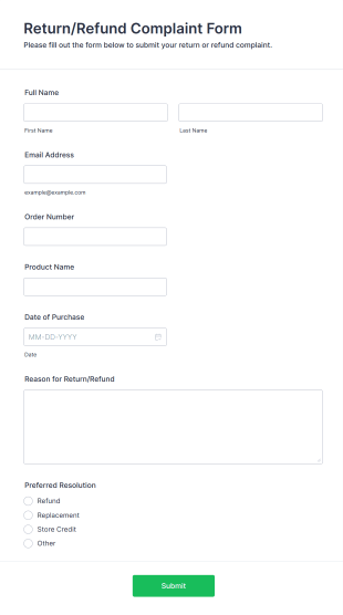 Return/Refund Complaint Form Template