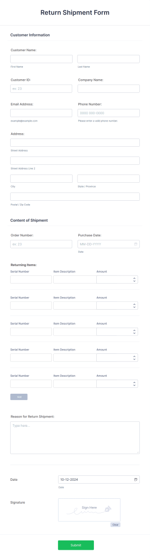 Return Shipment Form Template