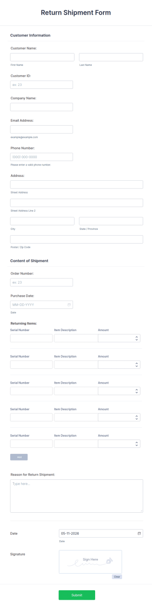 Return Shipment Form Template