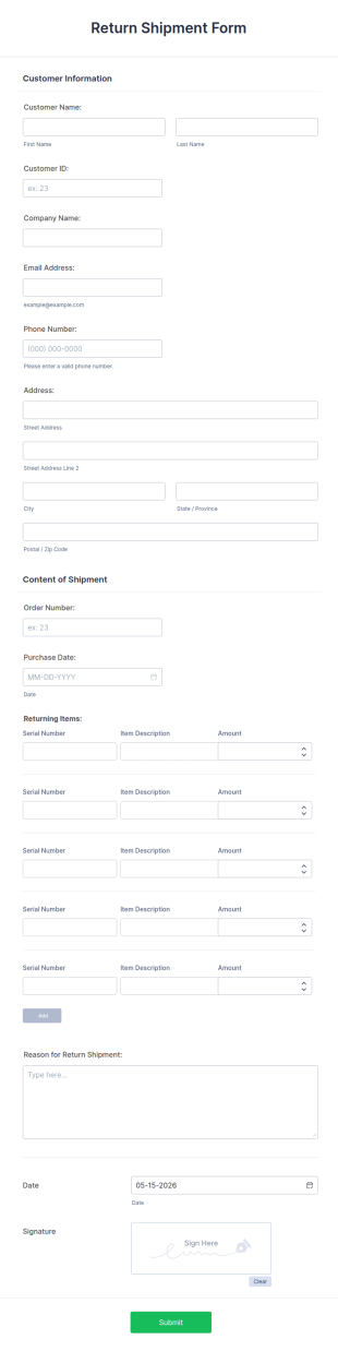 Return Shipment Form Template