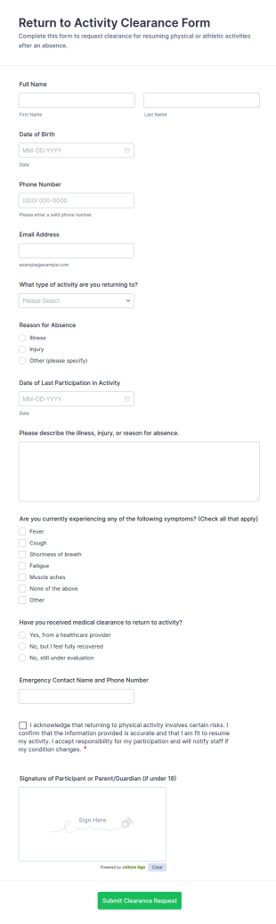Return To Activity Clearance Form Template