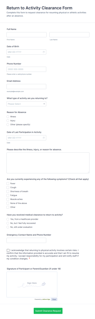 Return To Activity Clearance Form Template