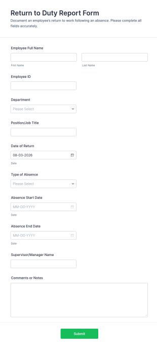 Return To Duty Report Form Template