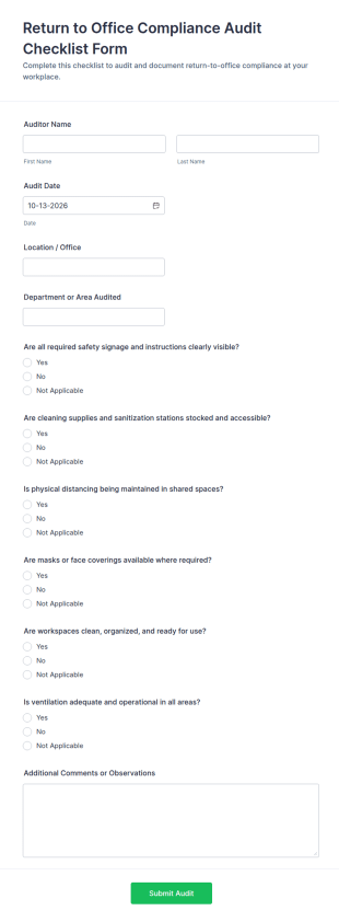 Return To Office Compliance Audit Checklist Form Template