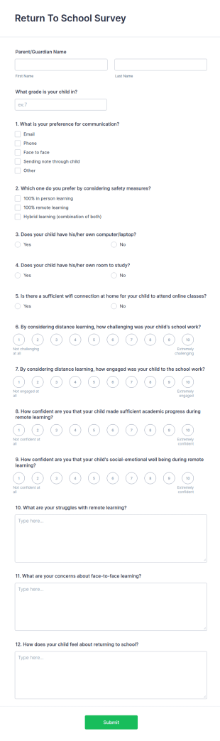 Return To School Survey Form Template