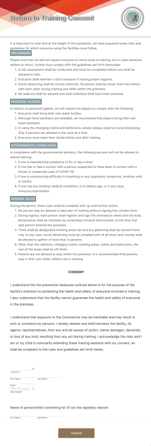 Return To Training Consent Form Template