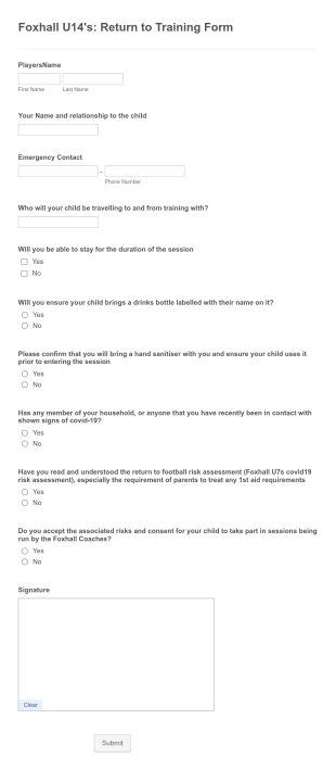Return To Training Waiver Form Template