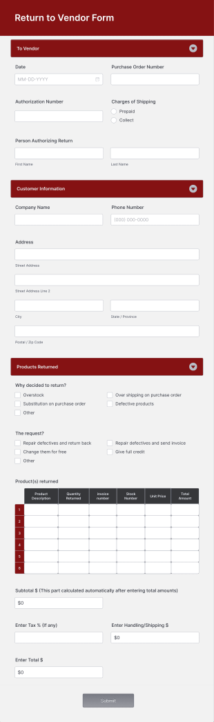 Return To Vendor Form Template