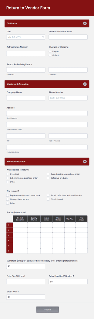 Return To Vendor Form Template