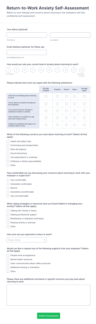 Return To Work Anxiety Self Assessment Form Template
