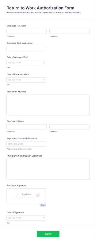 Return To Work Authorization Form Form Template