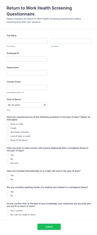 Return To Work Health Screening Questionnaire Form Template