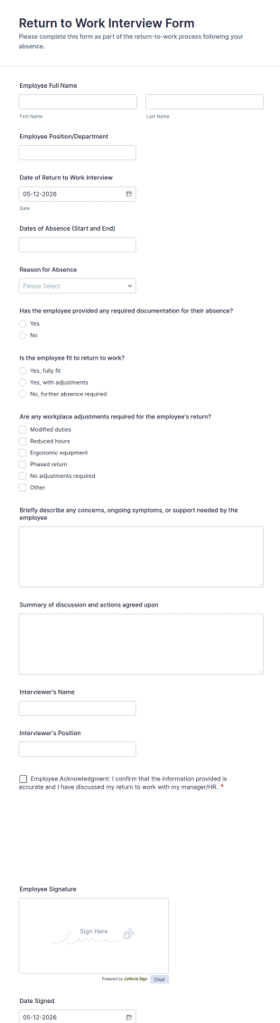 Return To Work Interview Form Template