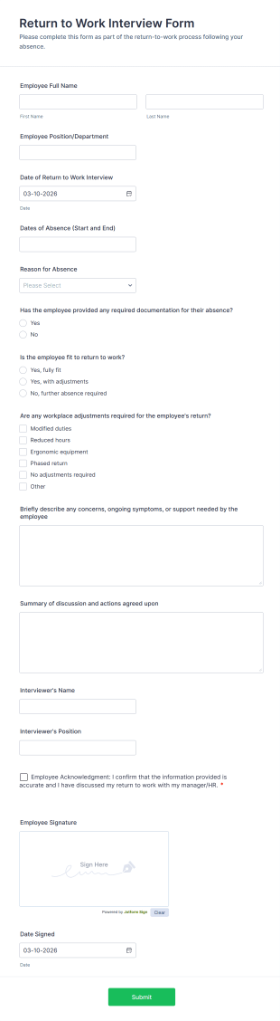 Return To Work Interview Form Template