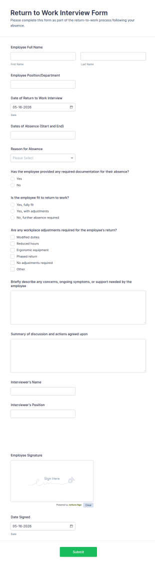 Return To Work Interview Form Template