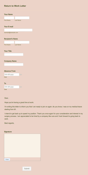 Return To Work Letter Form Template