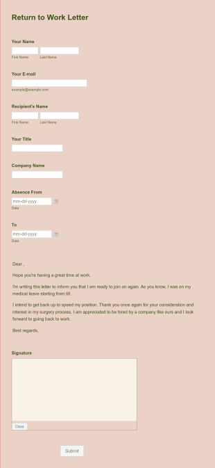Return To Work Letter Form Template