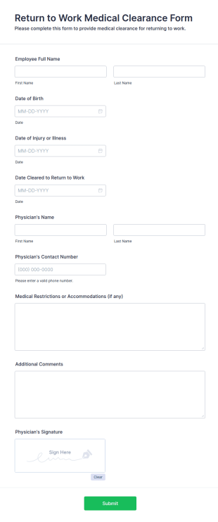 Return To Work Medical Clearance Form Template