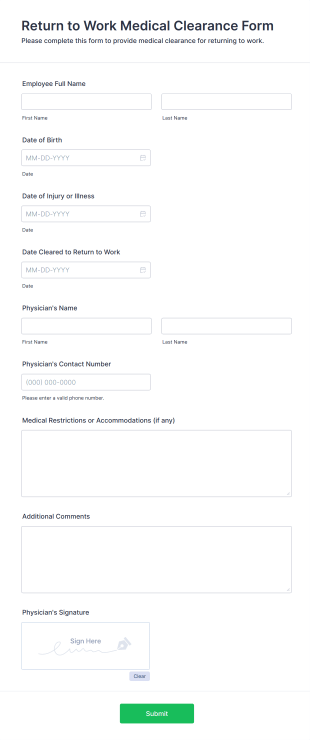Return To Work Medical Clearance Form Form Template