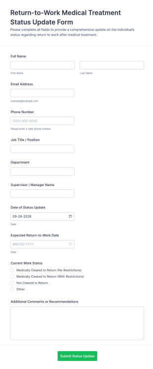 Return To Work Medical Treatment Status Update Form Template