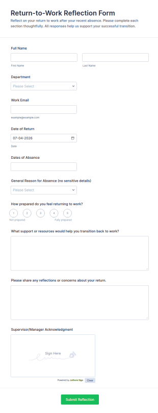 Return To Work Reflection Form Template