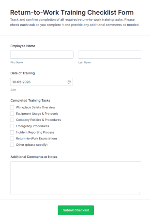 Return To Work Training Checklist Form Template