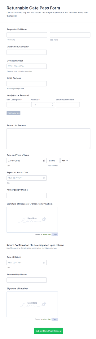 Returnable Gate Pass Form Template