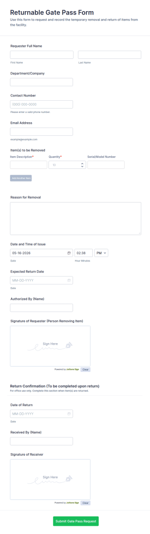 Returnable Gate Pass Form Template