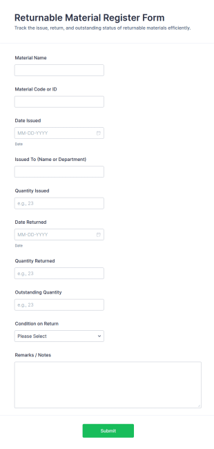 Returnable Material Register Form Template
