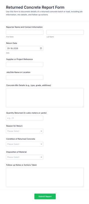 Returned Concrete Report Form Template