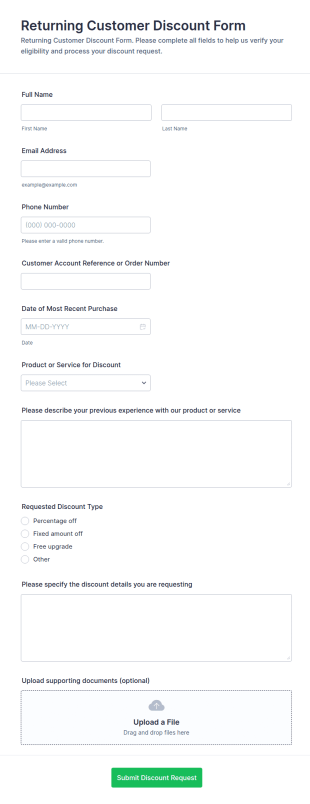 Returning Customer Discount Form Template