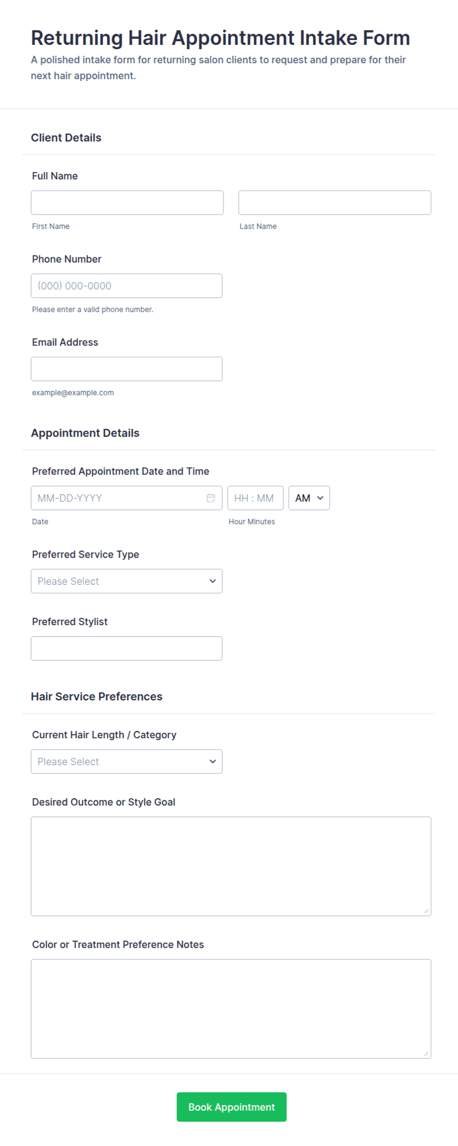 Returning Hair Appointment Intake Form Template | Jotform