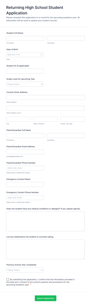 Returning High School Student Application Form Template