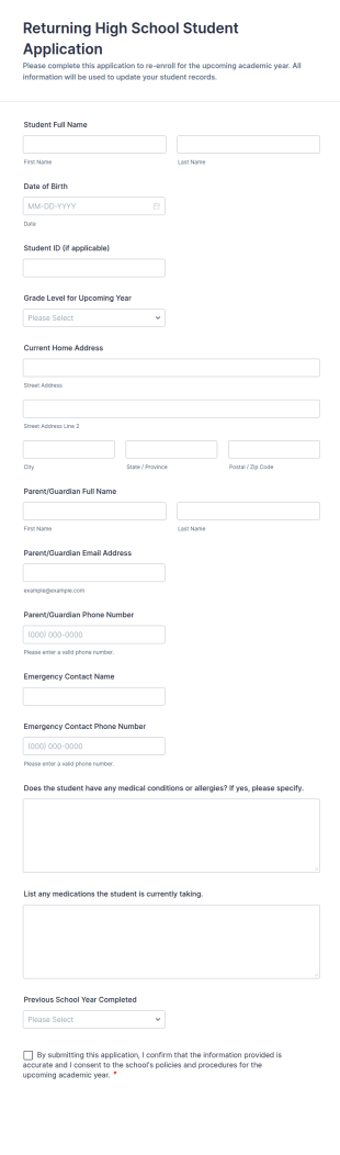 Returning High School Student Application Form Template