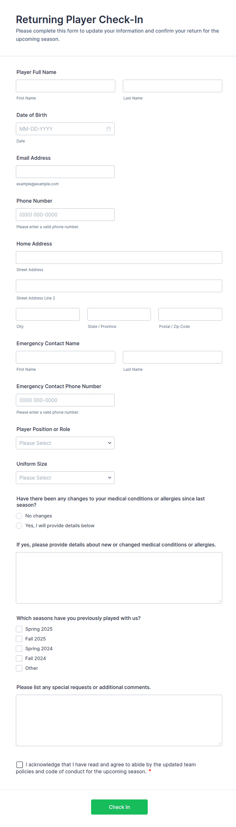 Check In Form Example Returning Player Check-In Form Template | Jotform