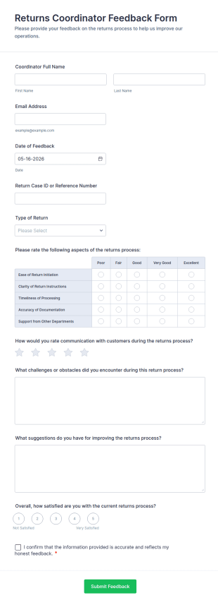 Returns Coordinator Feedback Form Template