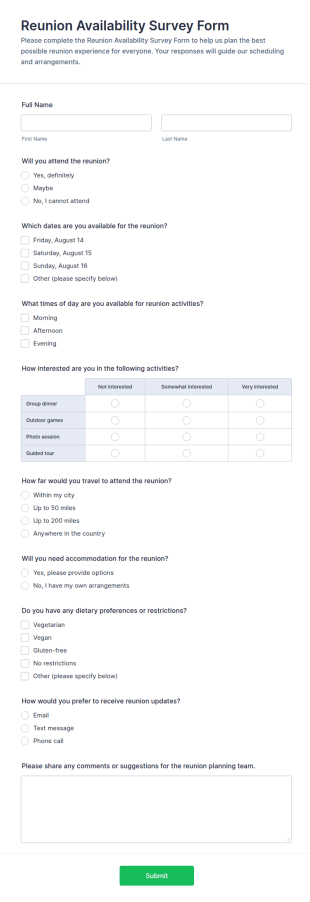 Reunion Availability Survey Form Template