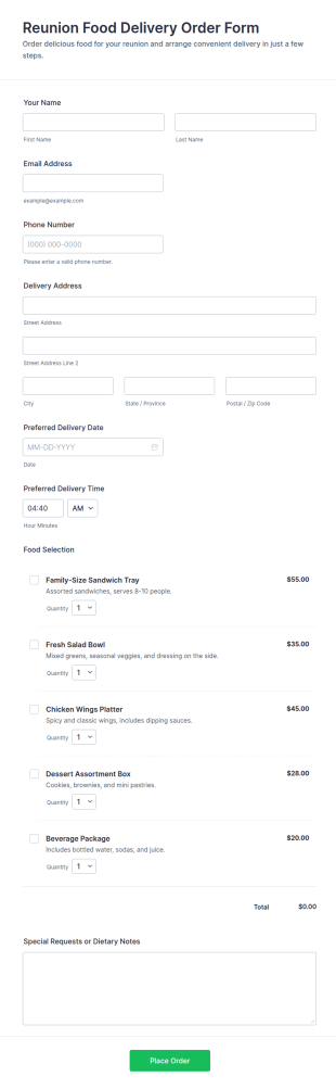 Reunion Food Delivery Order Form Template