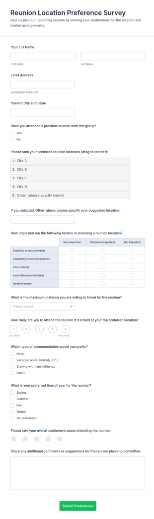 Reunion Location Preference Survey Form Template