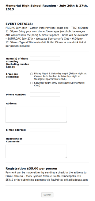 Reunion Registration Form Template