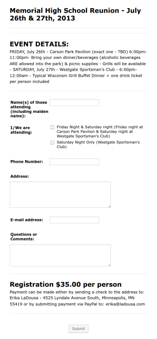 Reunion Registration Form Template