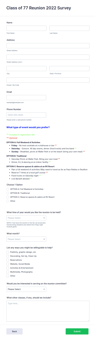 Reunion Survey Form Template