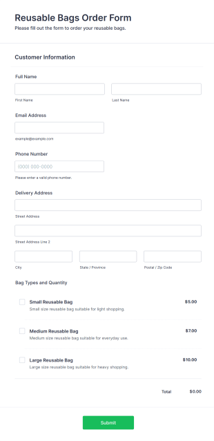 Reusable Bags Order Form Template