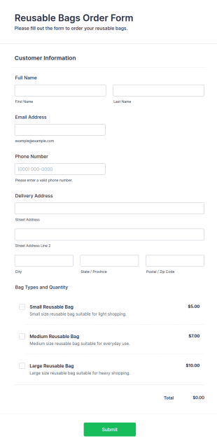 Reusable Bags Order Form Template