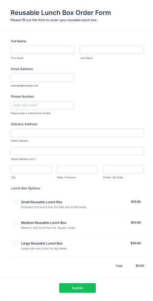 Reusable Lunch Box Order Form Template