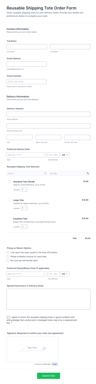 Reusable Shipping Tote Order Form Template