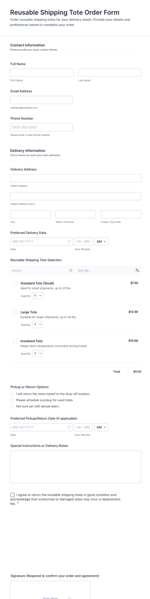 Reusable Shipping Tote Order Form Template