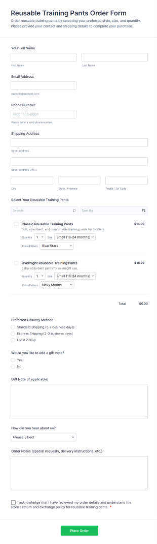 Reusable Training Pants Order Form Template