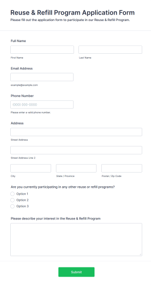 Reuse & Refill Program Application Form Form Template