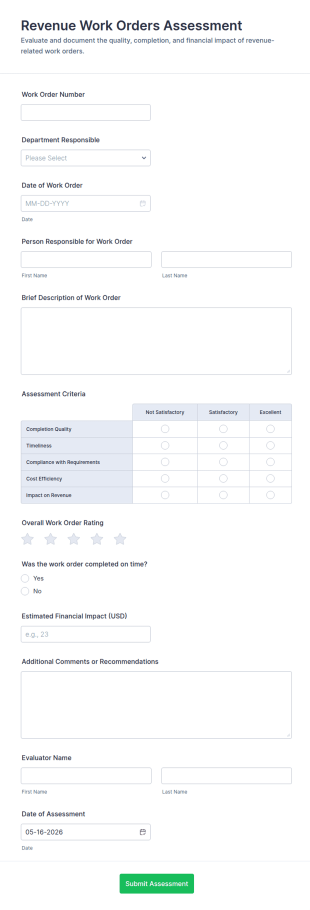 Revenue Work Orders Assessment Form Template